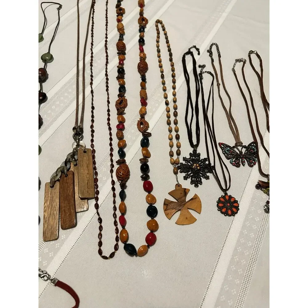 Vintage Nature Mixed Lot 16Pc Wood Leather Seed Bead Necklace Bracelet Lot